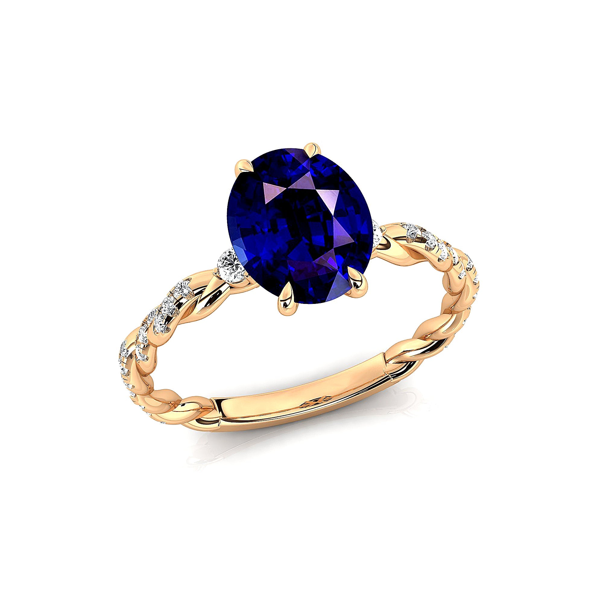 Oval Solitaire Blue Sapphire Ring with Twisted Wire Diamond Band - GeumJewels