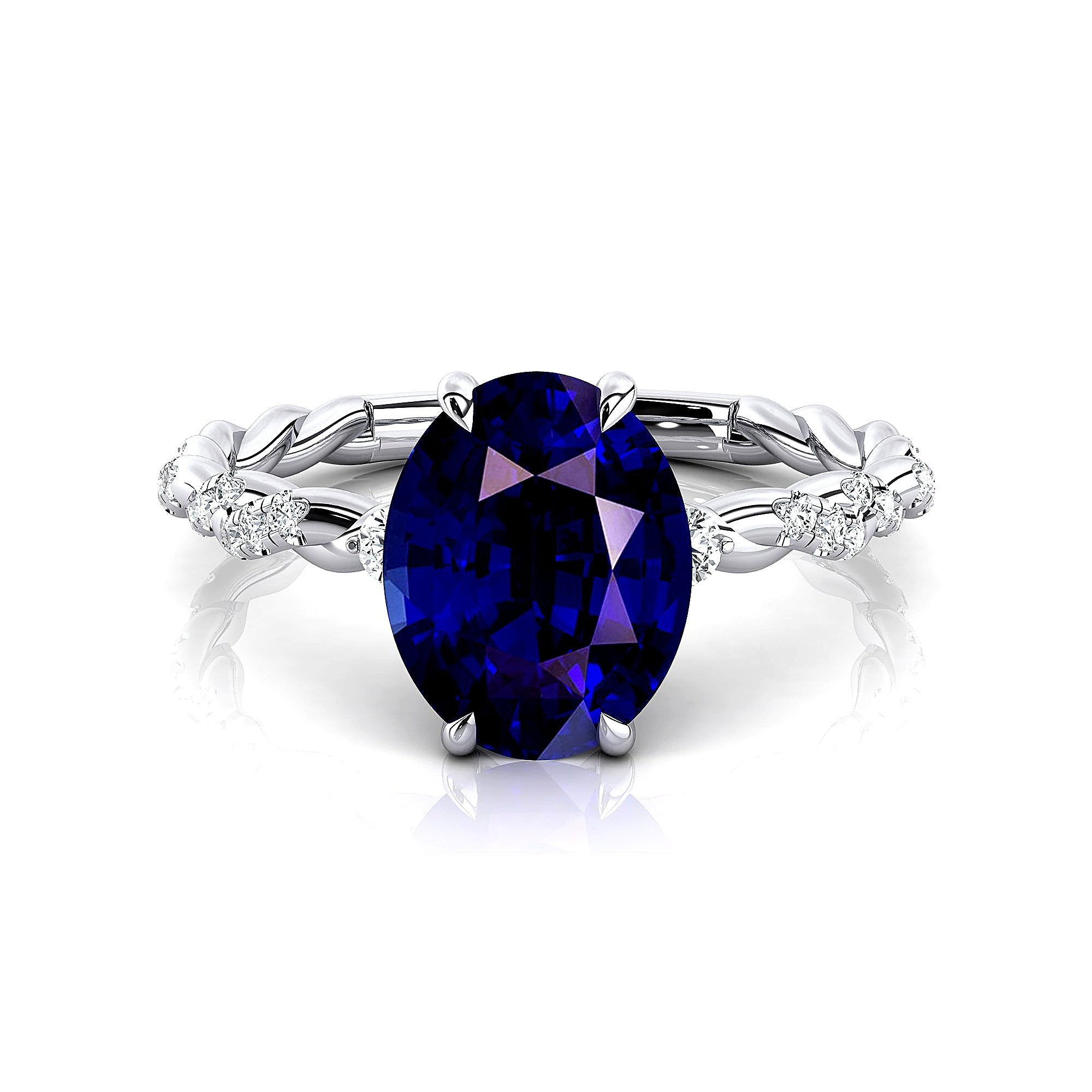 Oval Solitaire Blue Sapphire Ring with Twisted Wire Diamond Band - GeumJewels