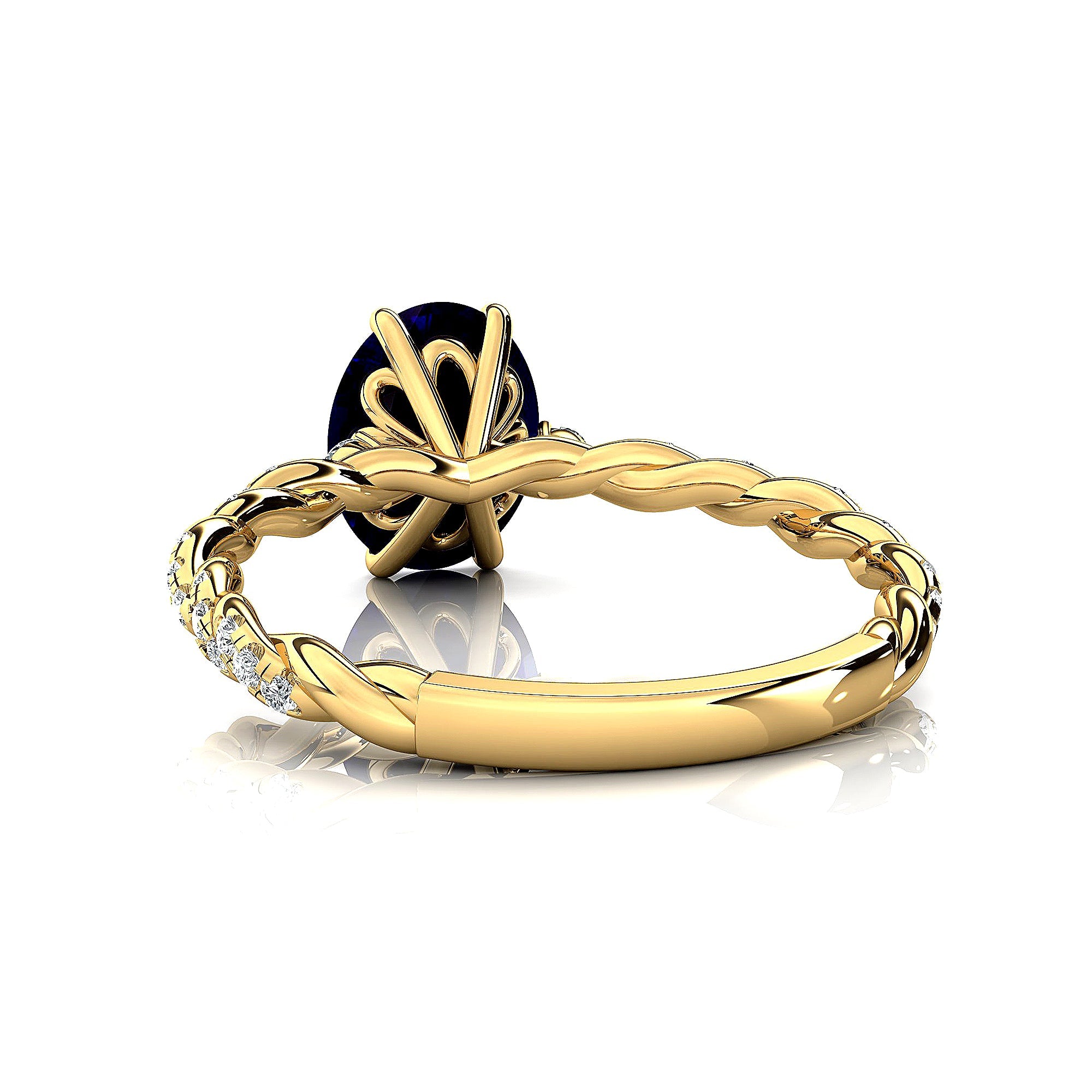 Oval Solitaire Blue Sapphire Ring with Twisted Wire Diamond Band - GeumJewels