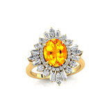 Oval Solitaire Citrine Baguette and Round Diamond Cocktail Ring - GeumJewels