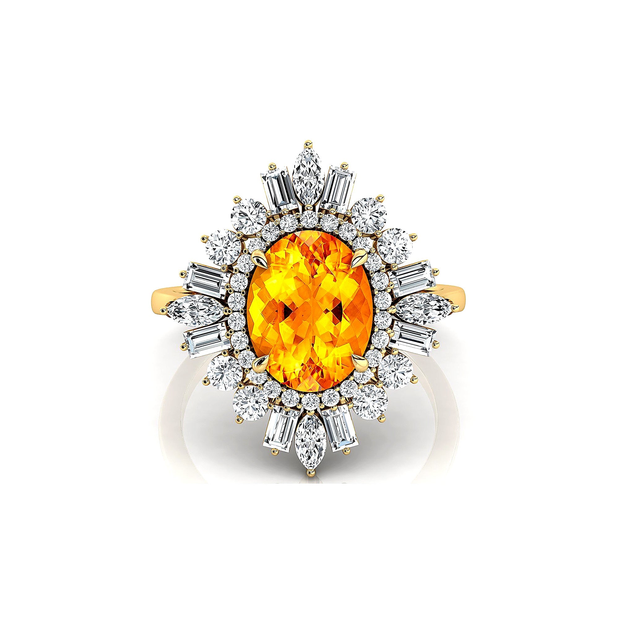 Oval Solitaire Citrine Baguette and Round Diamond Cocktail Ring - GeumJewels