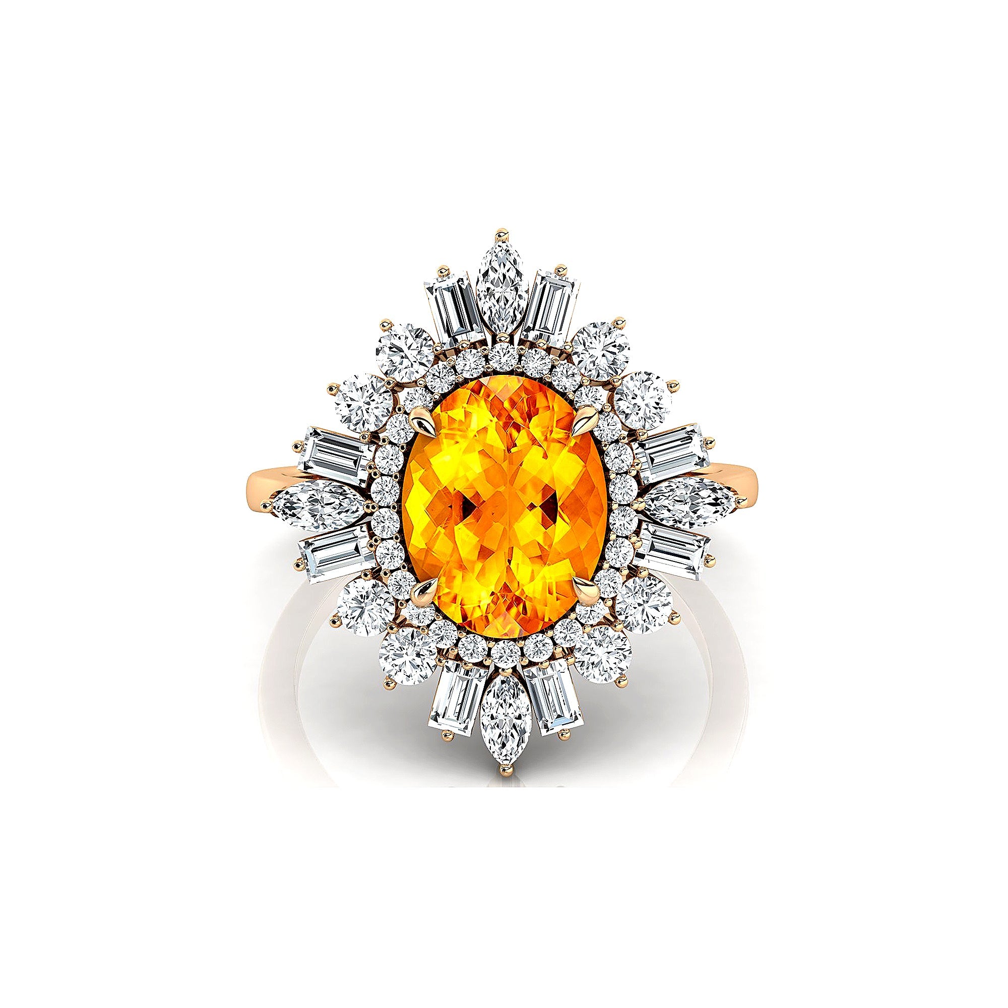 Oval Solitaire Citrine Baguette and Round Diamond Cocktail Ring - GeumJewels