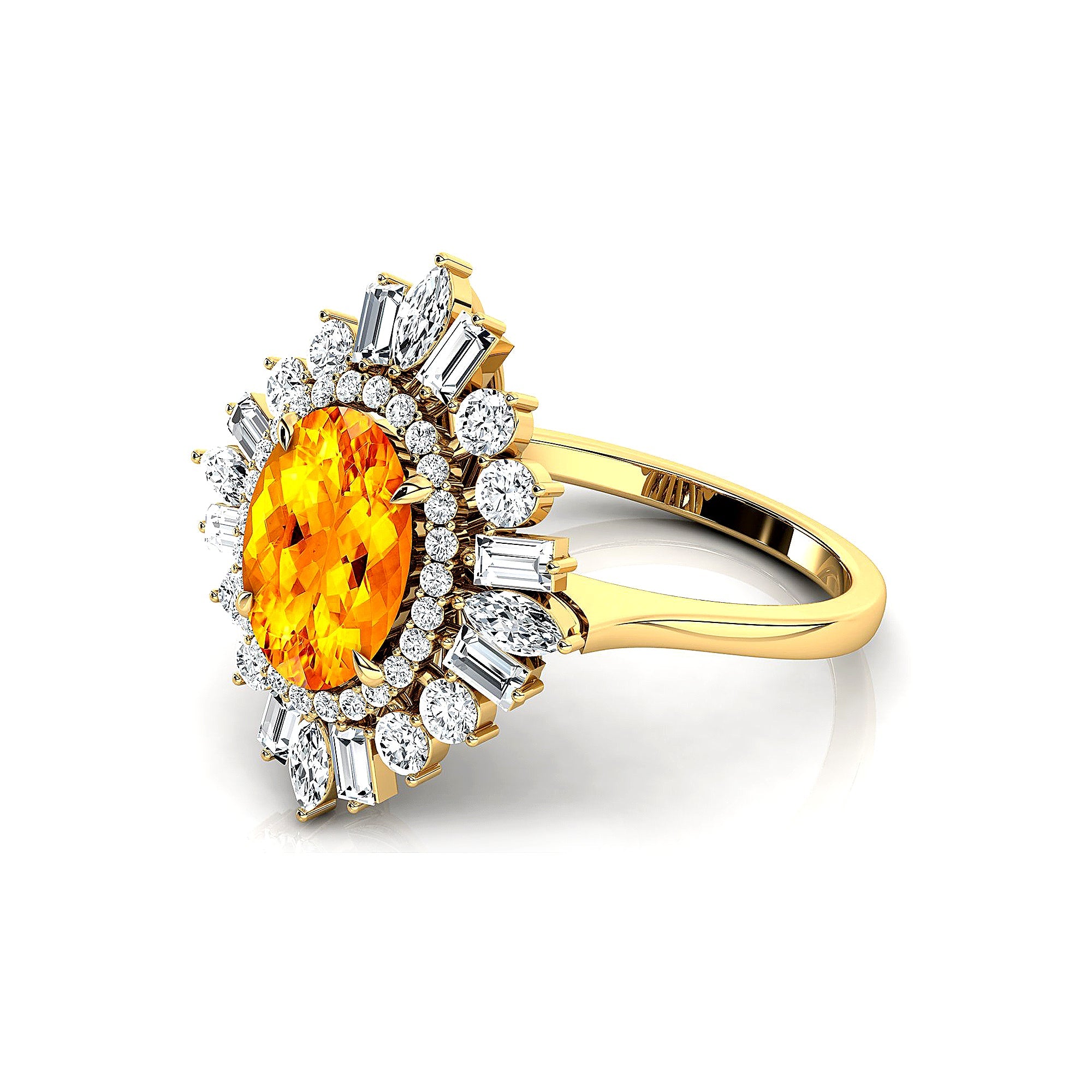 Oval Solitaire Citrine Baguette and Round Diamond Cocktail Ring - GeumJewels