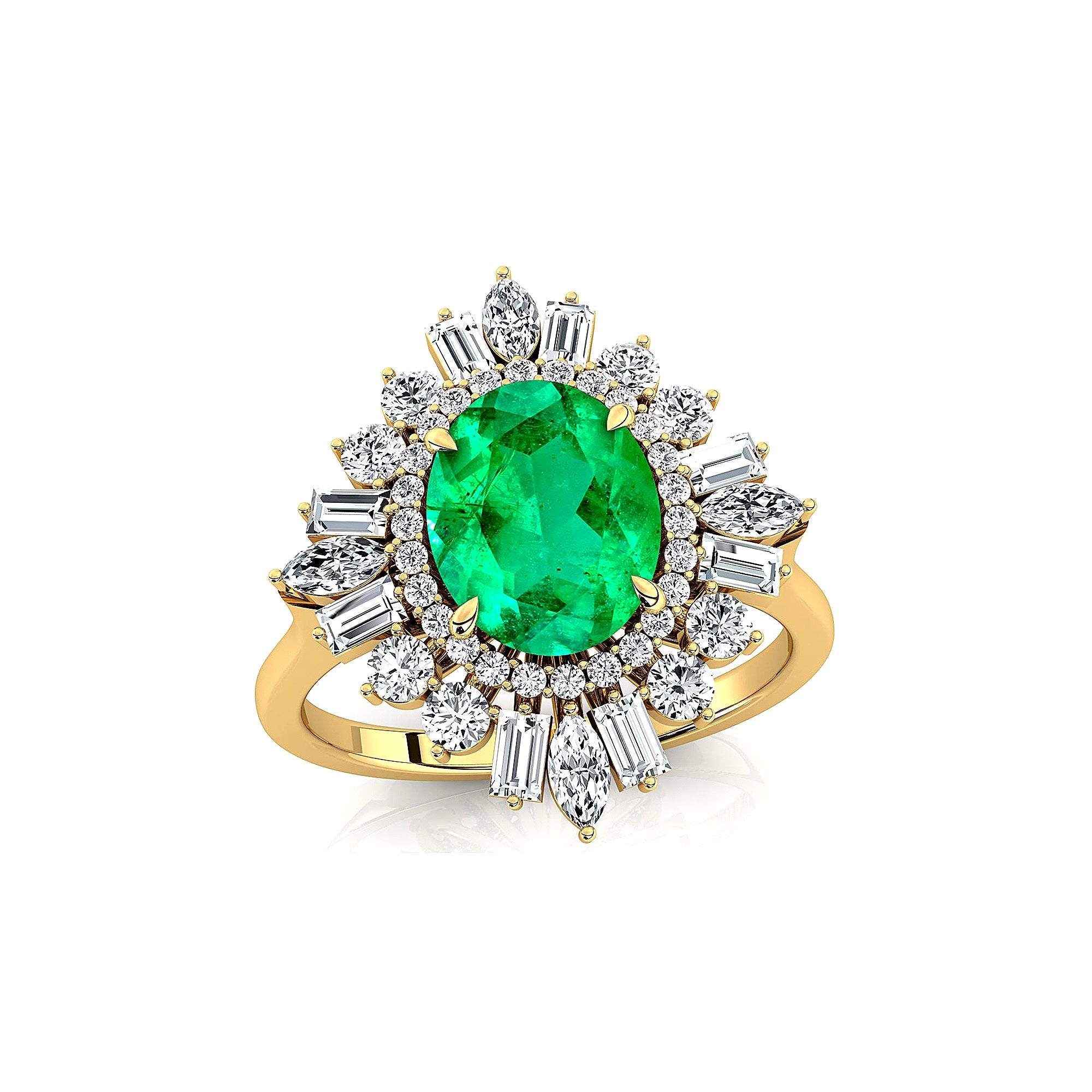 Oval Solitaire Emerald Baguette and Round Diamond Cocktail Ring - GeumJewels
