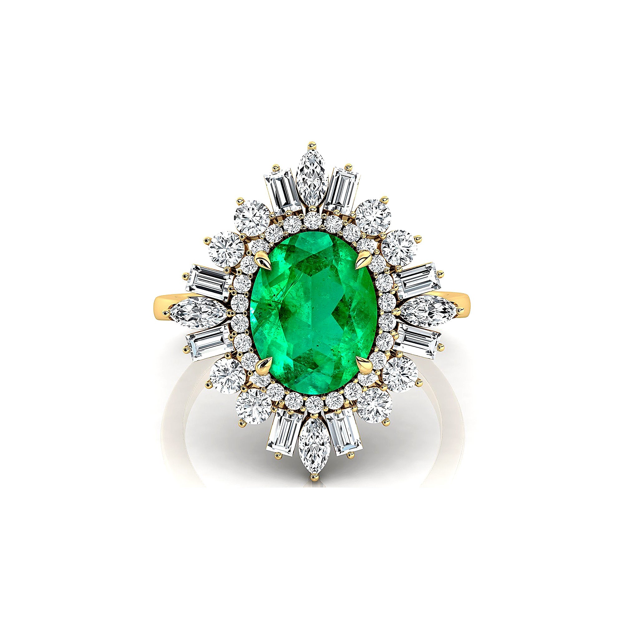 Oval Solitaire Emerald Baguette and Round Diamond Cocktail Ring - GeumJewels