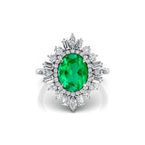 Oval Solitaire Emerald Baguette and Round Diamond Cocktail Ring - GeumJewels