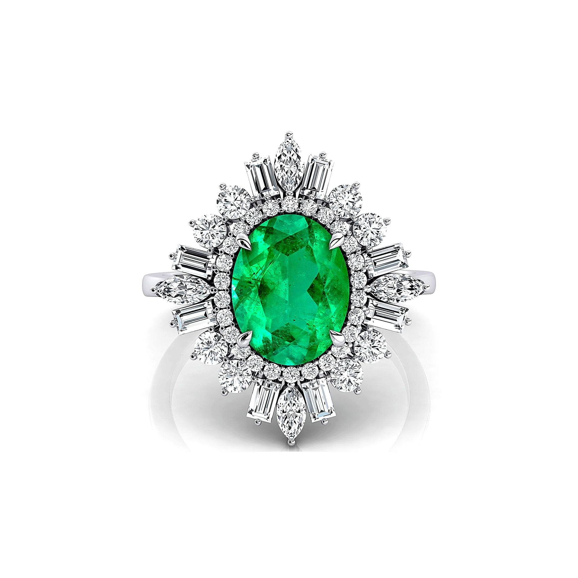 Oval Solitaire Emerald Baguette and Round Diamond Cocktail Ring - GeumJewels