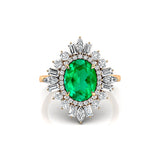 Oval Solitaire Emerald Baguette and Round Diamond Cocktail Ring - GeumJewels