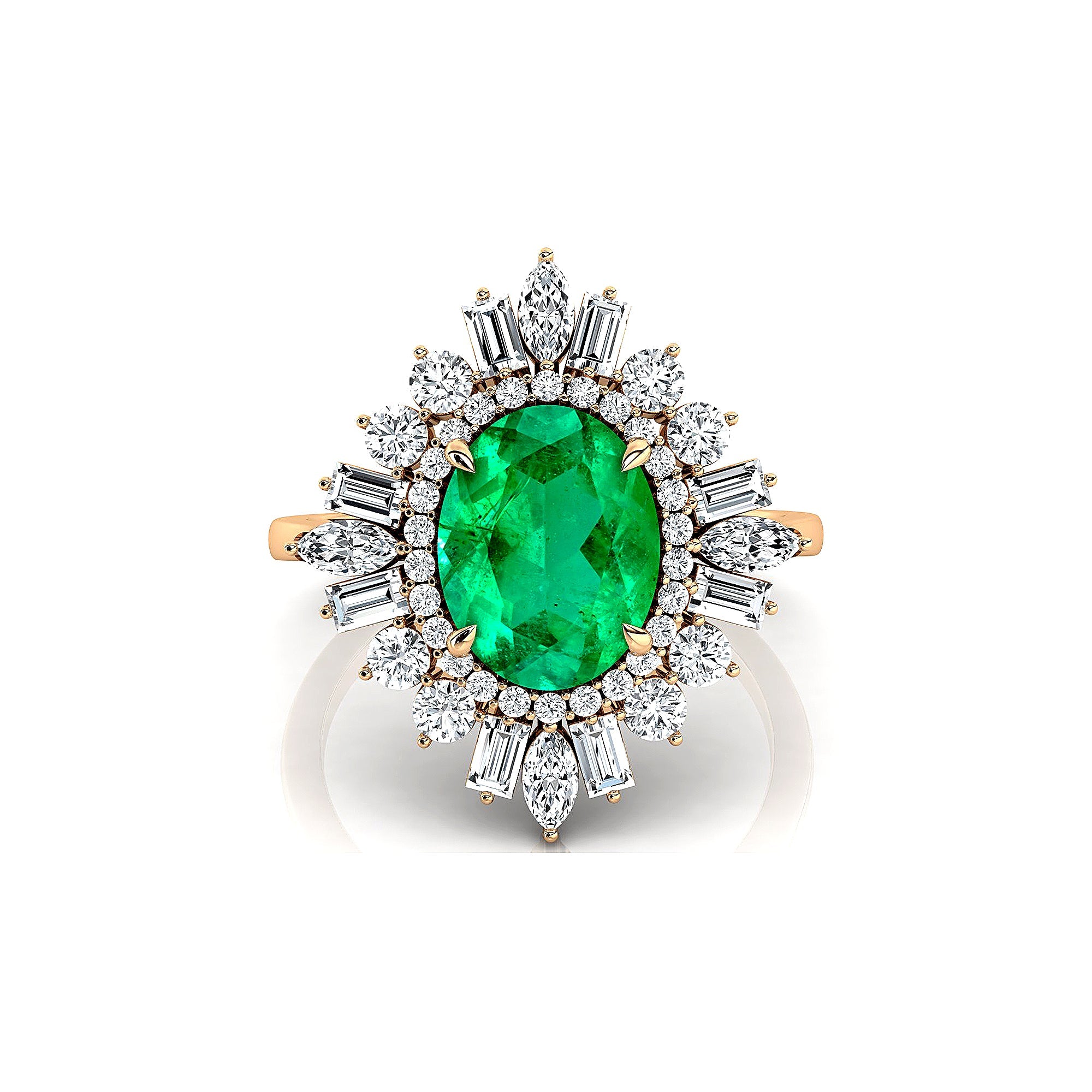 Oval Solitaire Emerald Baguette and Round Diamond Cocktail Ring - GeumJewels