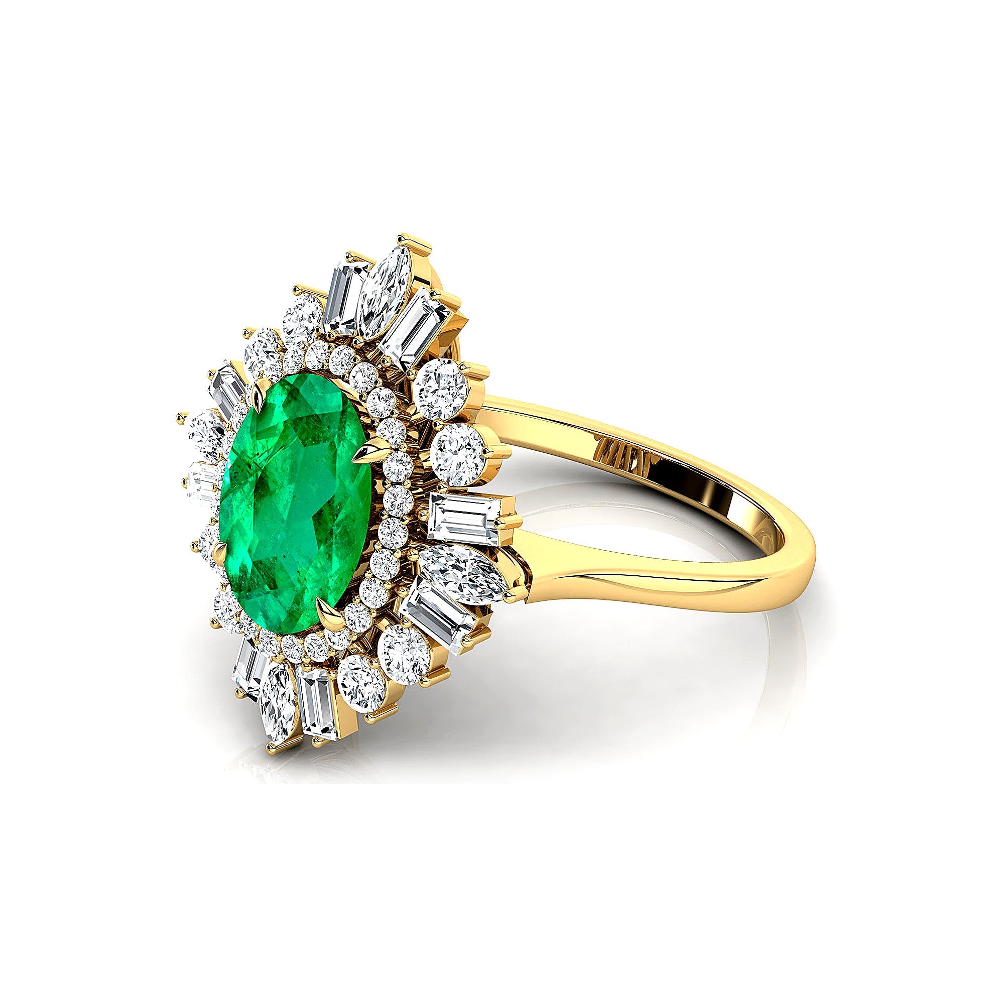 Oval Solitaire Emerald Baguette and Round Diamond Cocktail Ring - GeumJewels