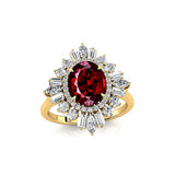 Oval Solitaire Garnet Baguette and Round Diamond Cocktail Ring - GeumJewels