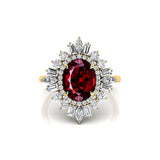 Oval Solitaire Garnet Baguette and Round Diamond Cocktail Ring - GeumJewels
