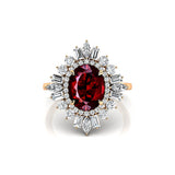 Oval Solitaire Garnet Baguette and Round Diamond Cocktail Ring - GeumJewels