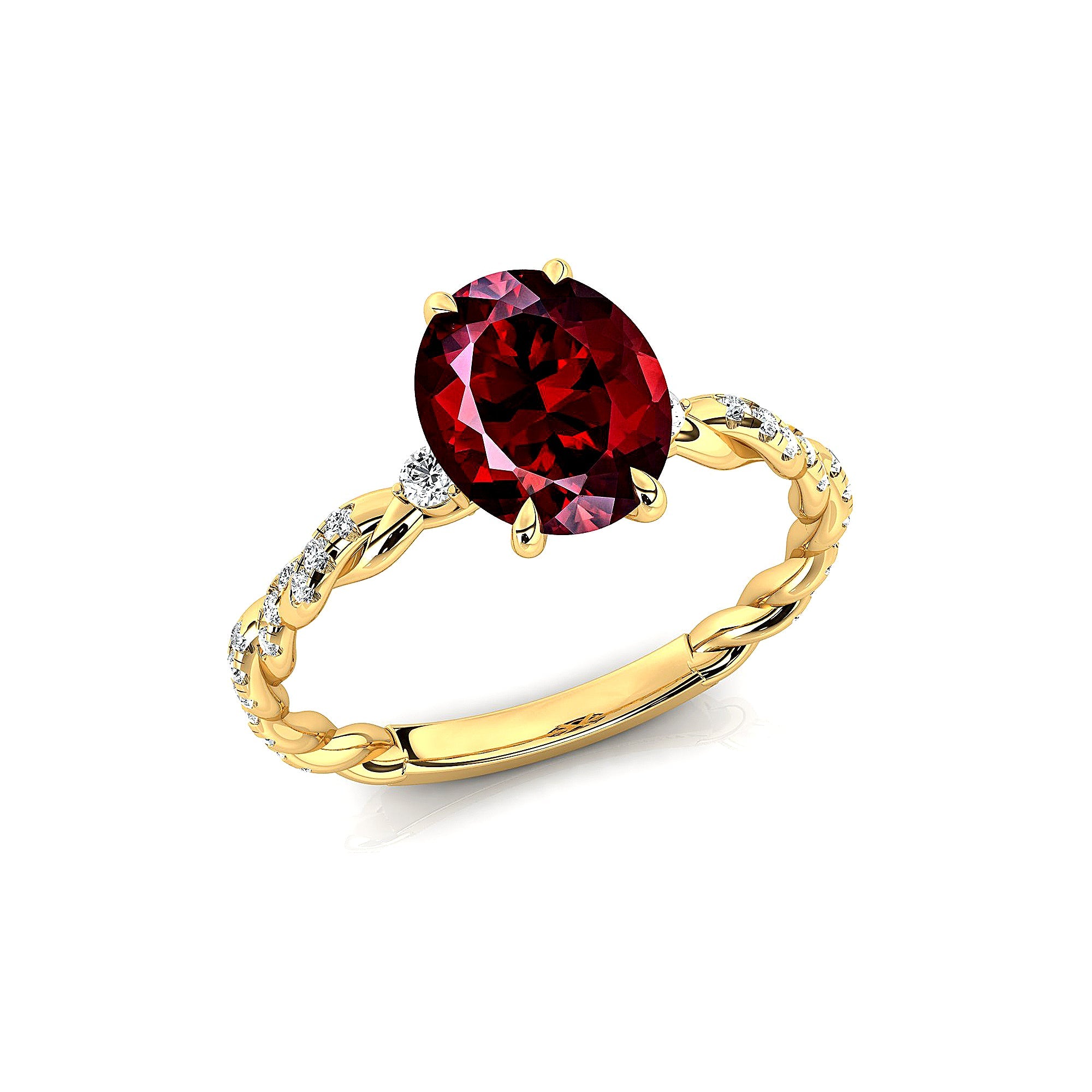 Oval Solitaire Garnet Ring with Twisted Wire Diamond Band - GeumJewels