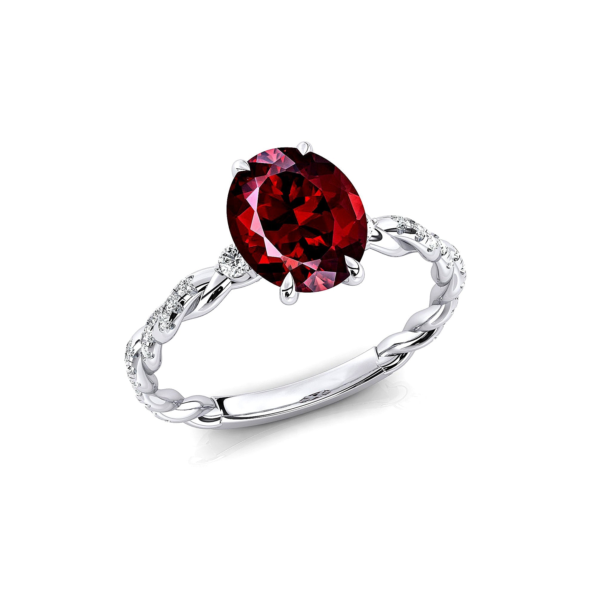 Oval Solitaire Garnet Ring with Twisted Wire Diamond Band - GeumJewels