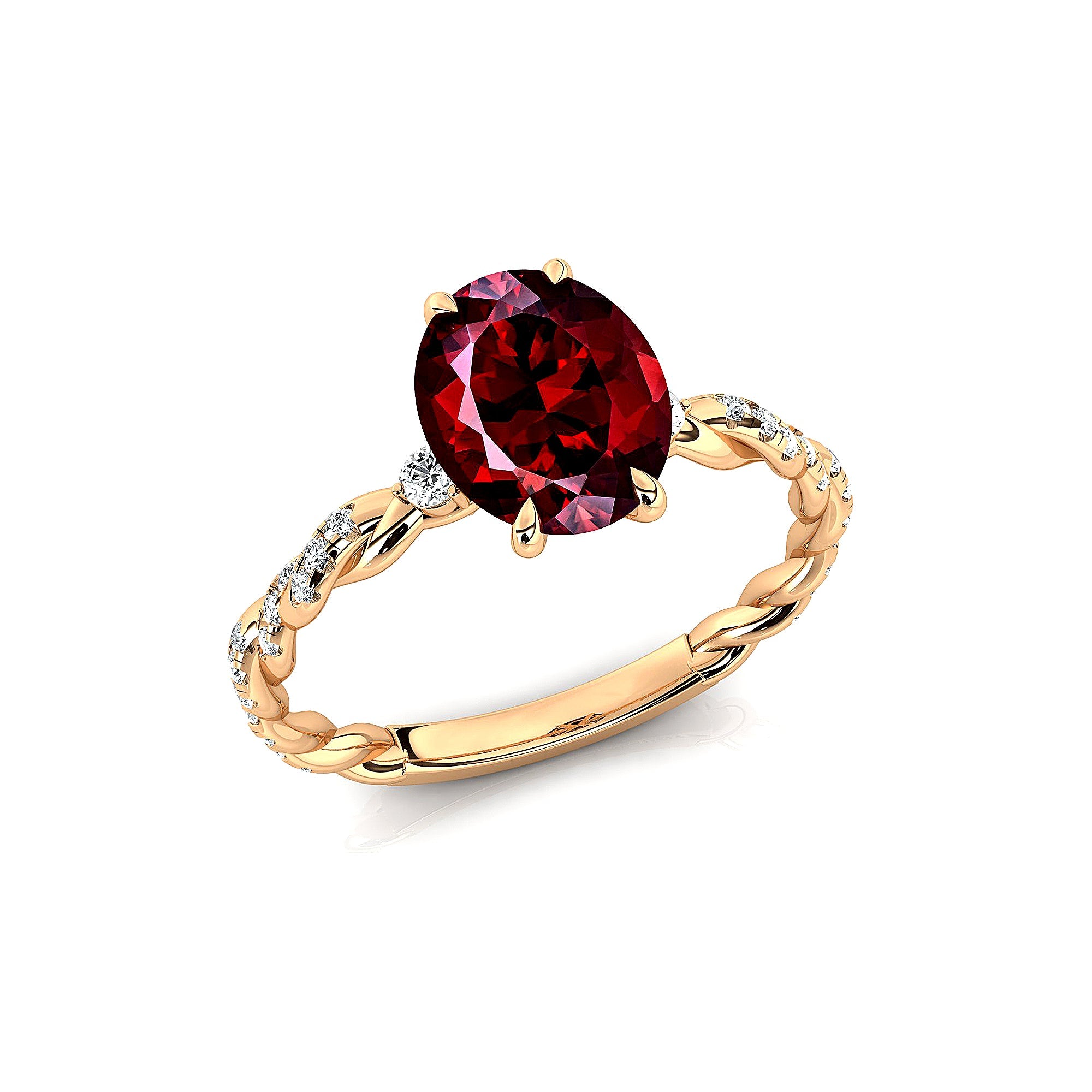Oval Solitaire Garnet Ring with Twisted Wire Diamond Band - GeumJewels