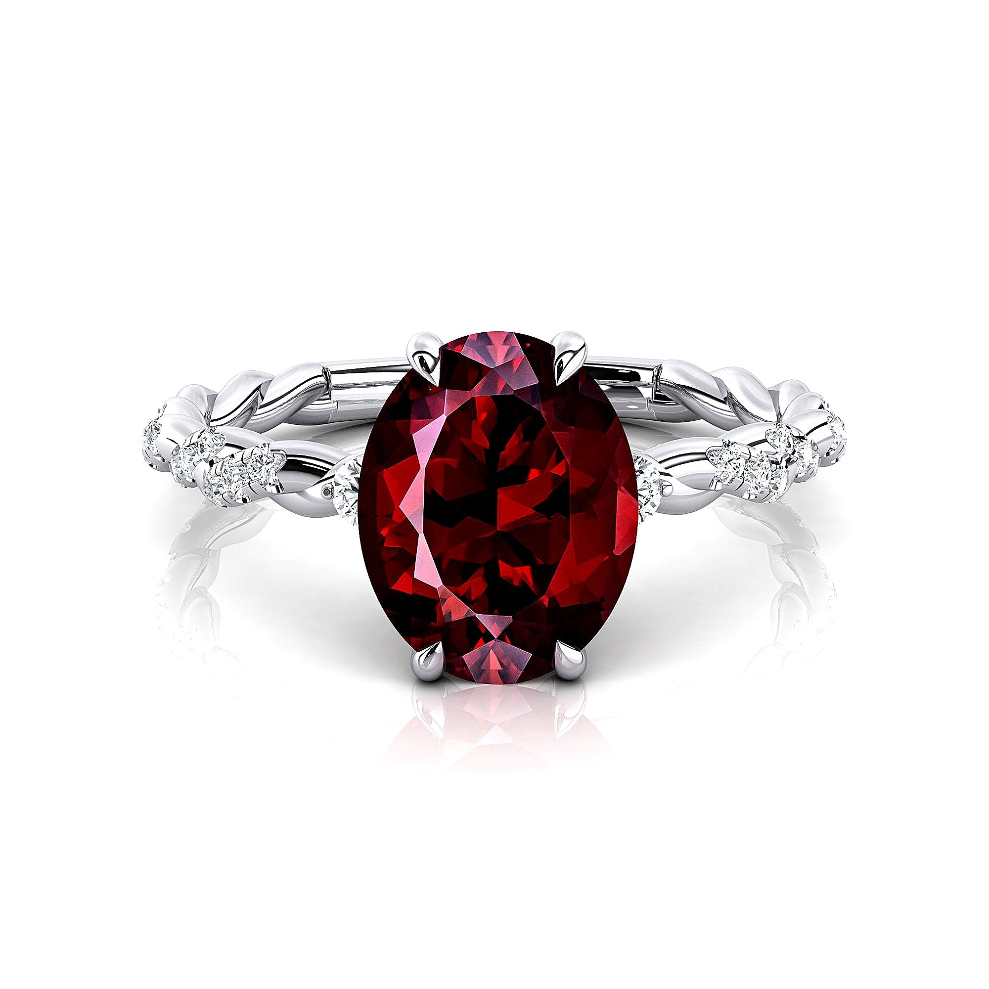 Oval Solitaire Garnet Ring with Twisted Wire Diamond Band - GeumJewels