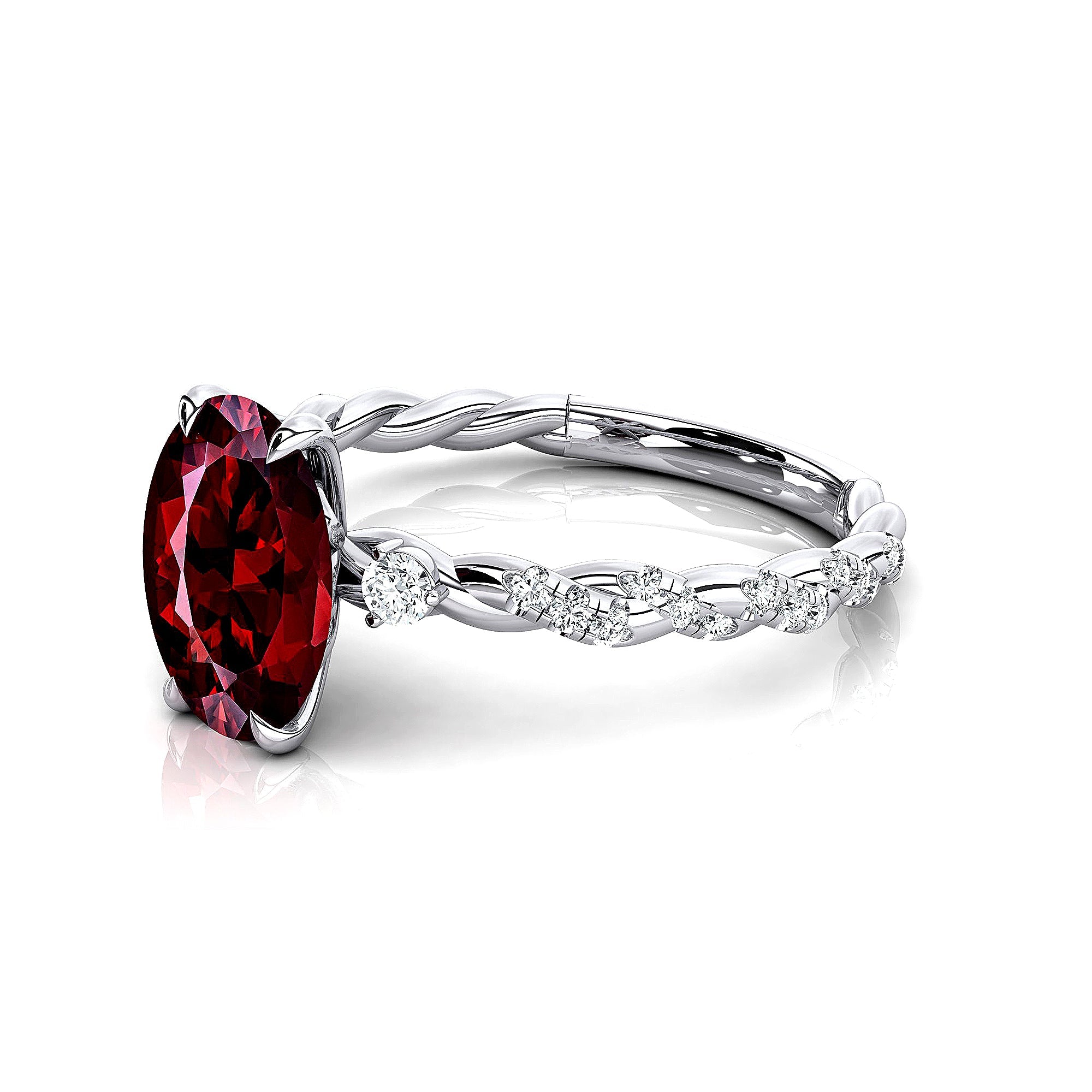 Oval Solitaire Garnet Ring with Twisted Wire Diamond Band - GeumJewels