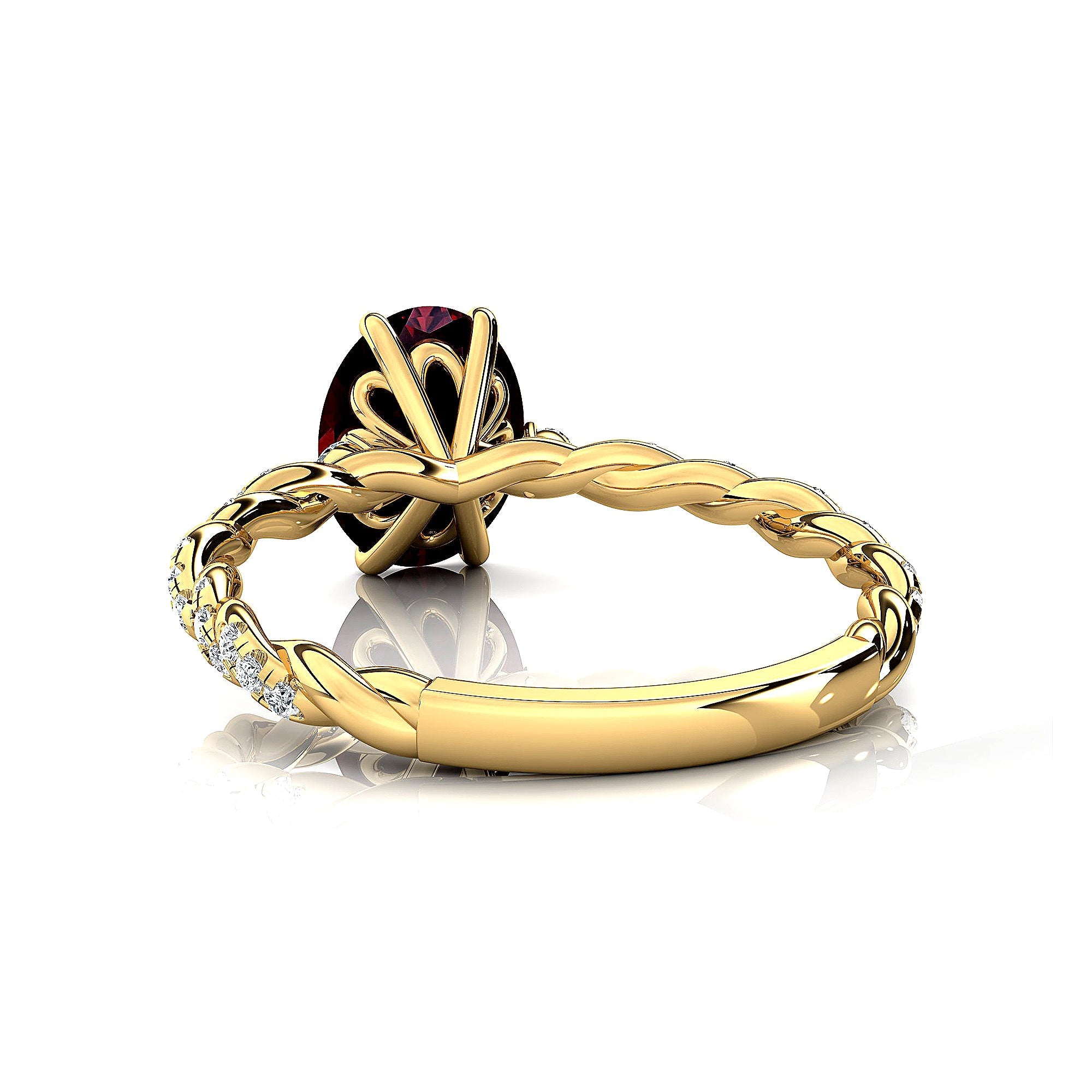 Oval Solitaire Garnet Ring with Twisted Wire Diamond Band - GeumJewels
