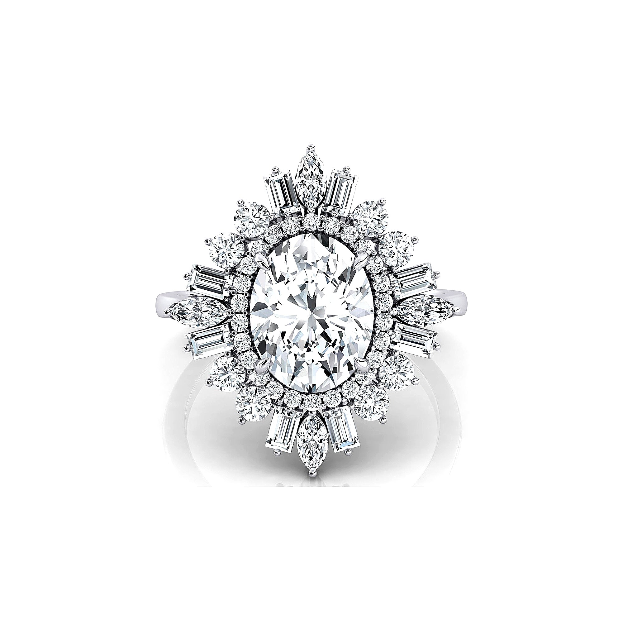 Oval Solitaire Lab Diamond Baguette and Round Diamond Cocktail Ring - GeumJewels