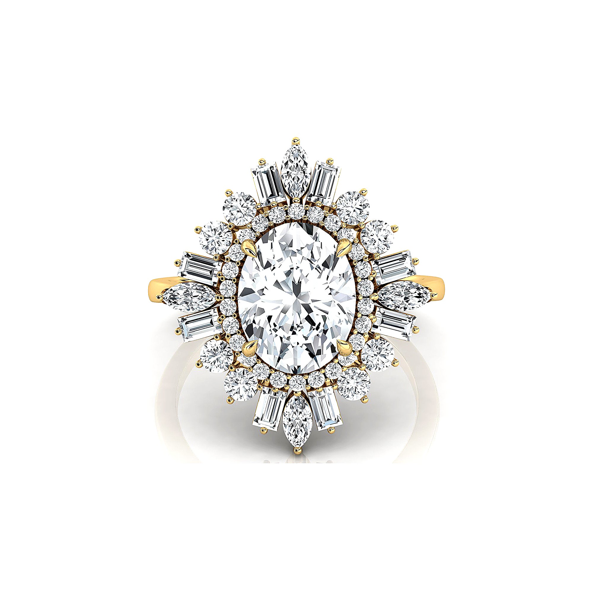 Oval Solitaire Lab Diamond Baguette and Round Diamond Cocktail Ring - GeumJewels
