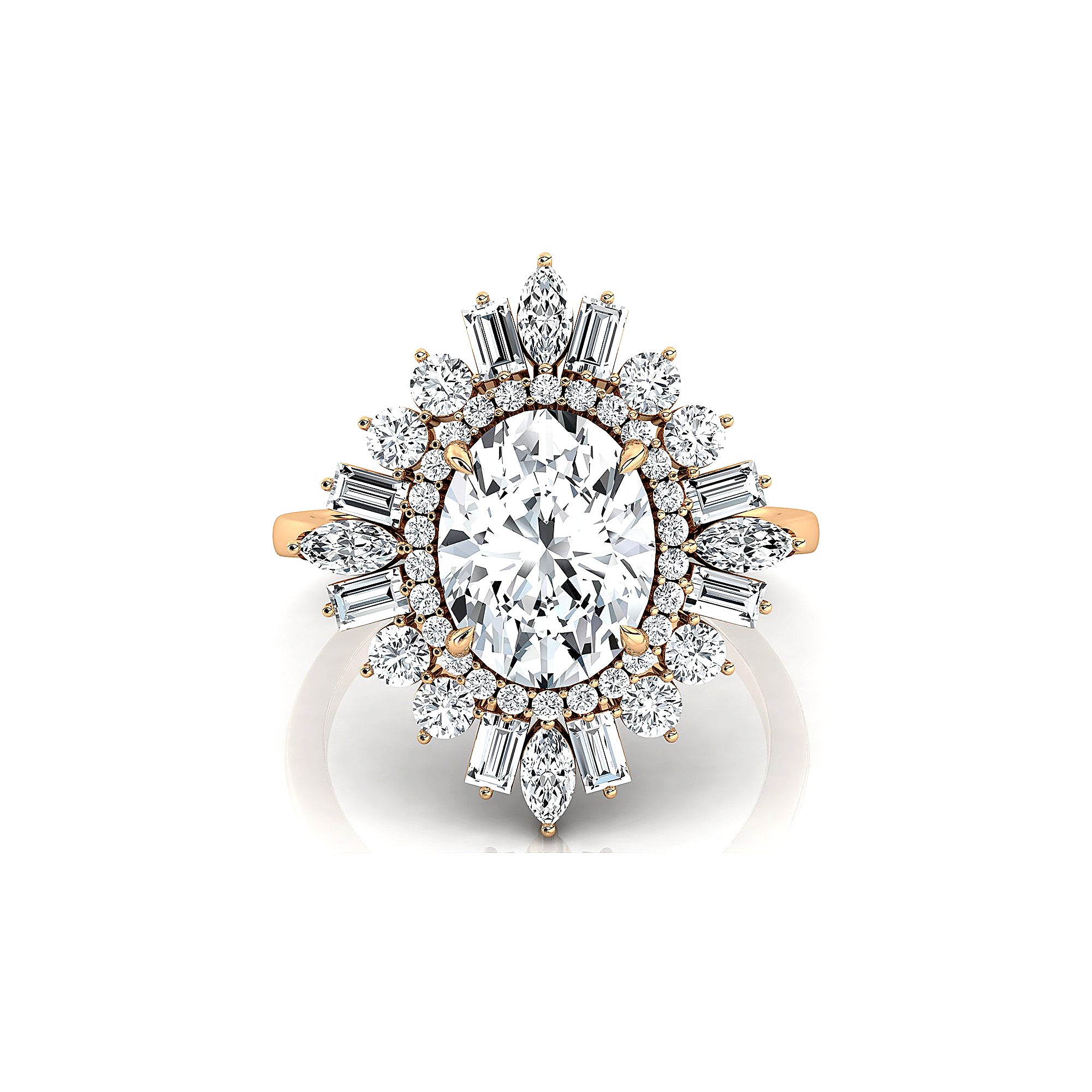 Oval Solitaire Lab Diamond Baguette and Round Diamond Cocktail Ring - GeumJewels