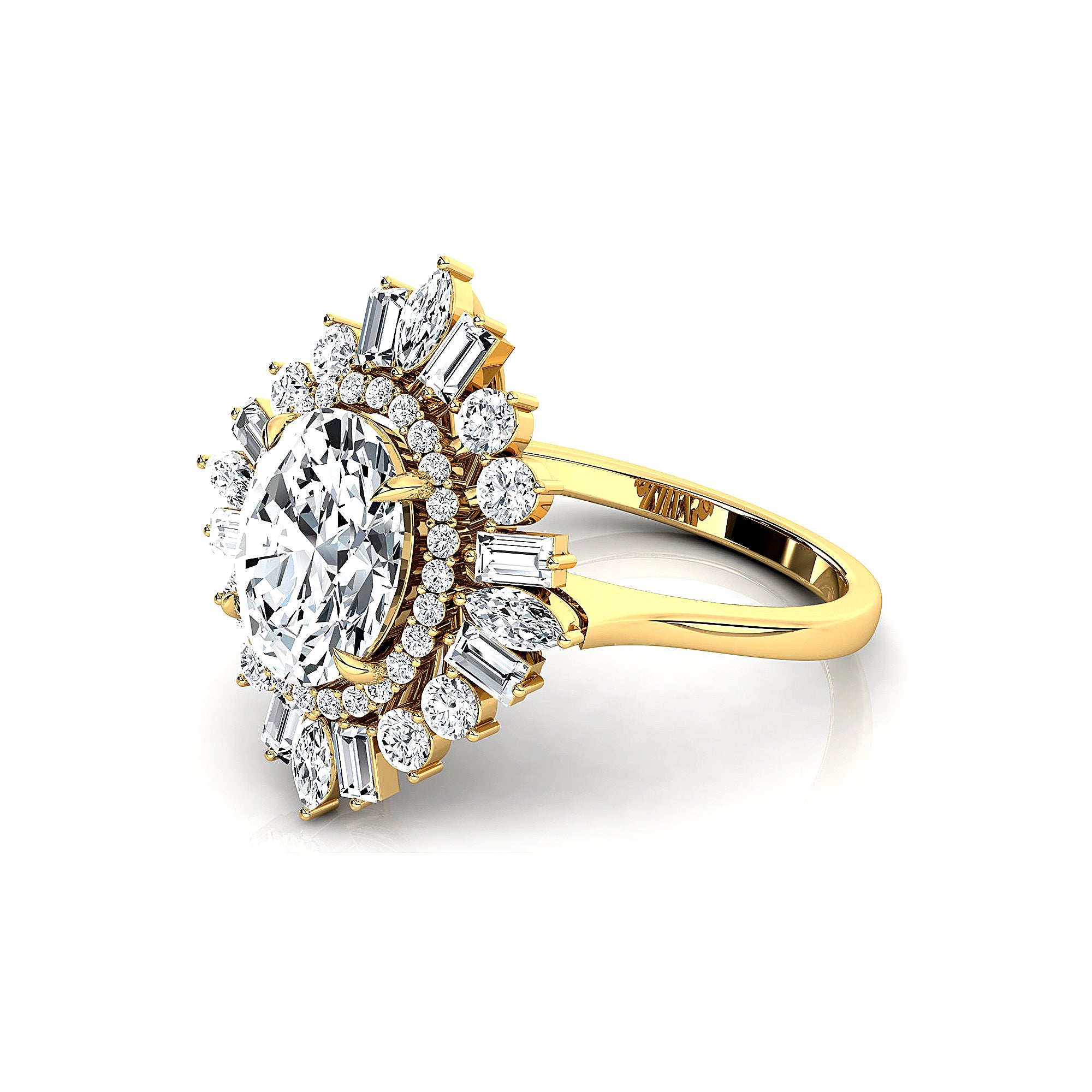 Oval Solitaire Lab Diamond Baguette and Round Diamond Cocktail Ring - GeumJewels