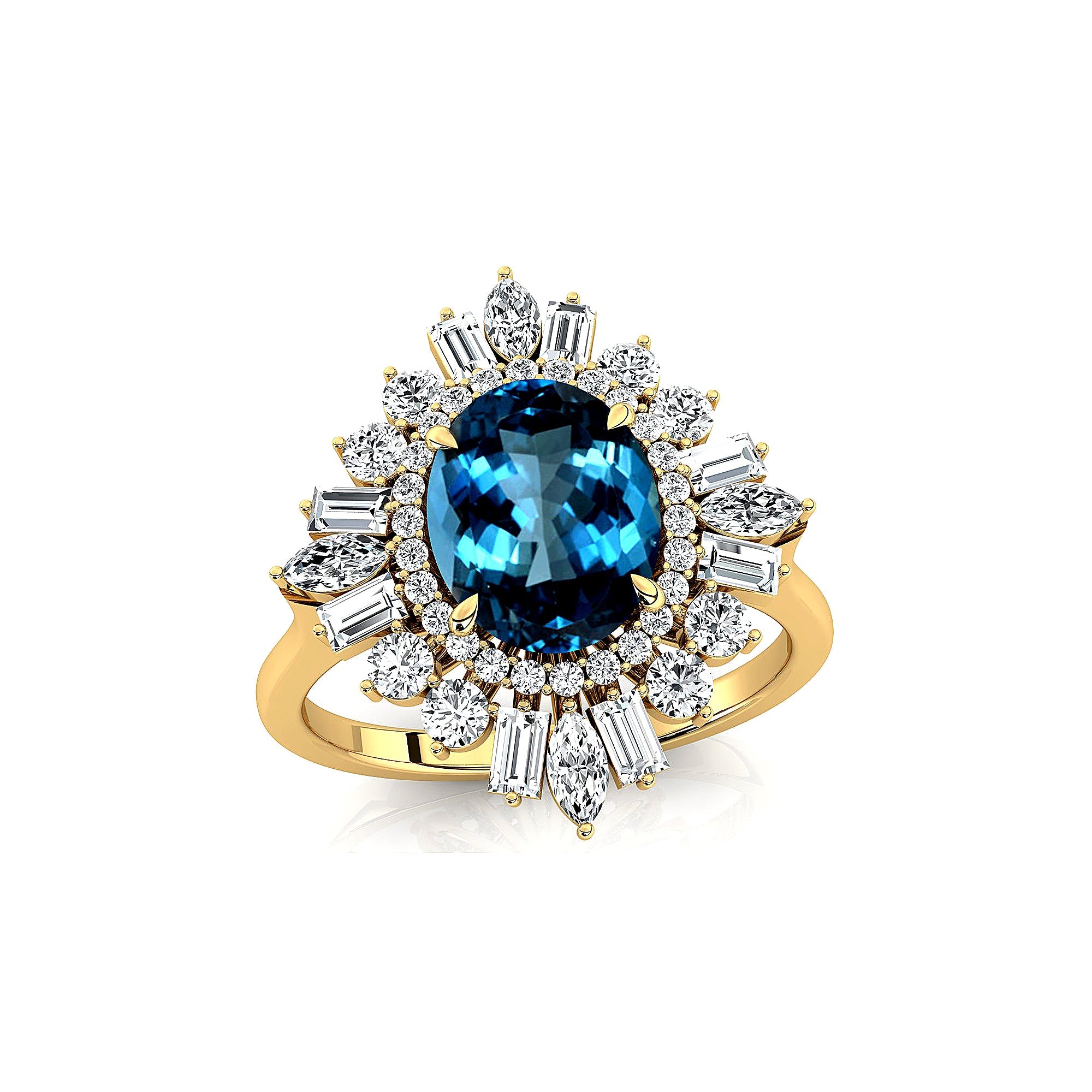 Oval Solitaire London Blue Topaz Baguette and Round Diamond Cocktail Ring - GeumJewels