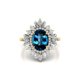 Oval Solitaire London Blue Topaz Baguette and Round Diamond Cocktail Ring - GeumJewels
