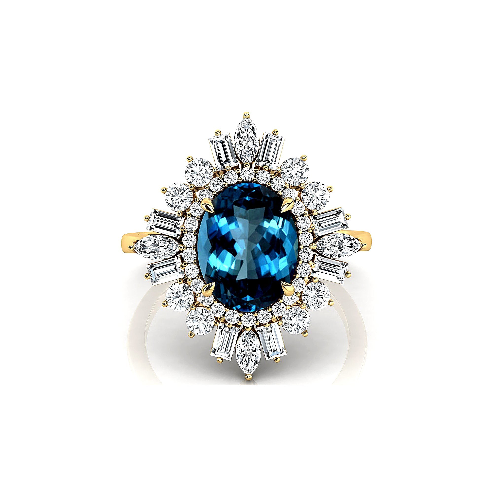 Oval Solitaire London Blue Topaz Baguette and Round Diamond Cocktail Ring - GeumJewels