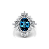 Oval Solitaire London Blue Topaz Baguette and Round Diamond Cocktail Ring - GeumJewels