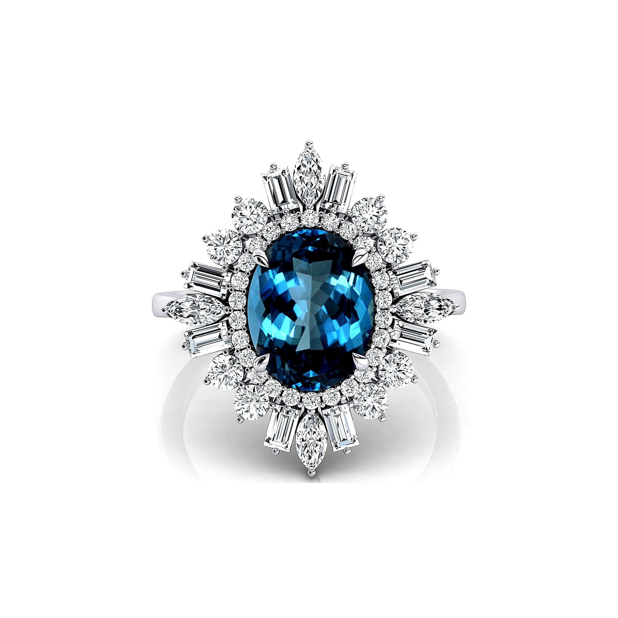 Oval Solitaire London Blue Topaz Baguette and Round Diamond Cocktail Ring - GeumJewels