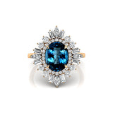 Oval Solitaire London Blue Topaz Baguette and Round Diamond Cocktail Ring - GeumJewels