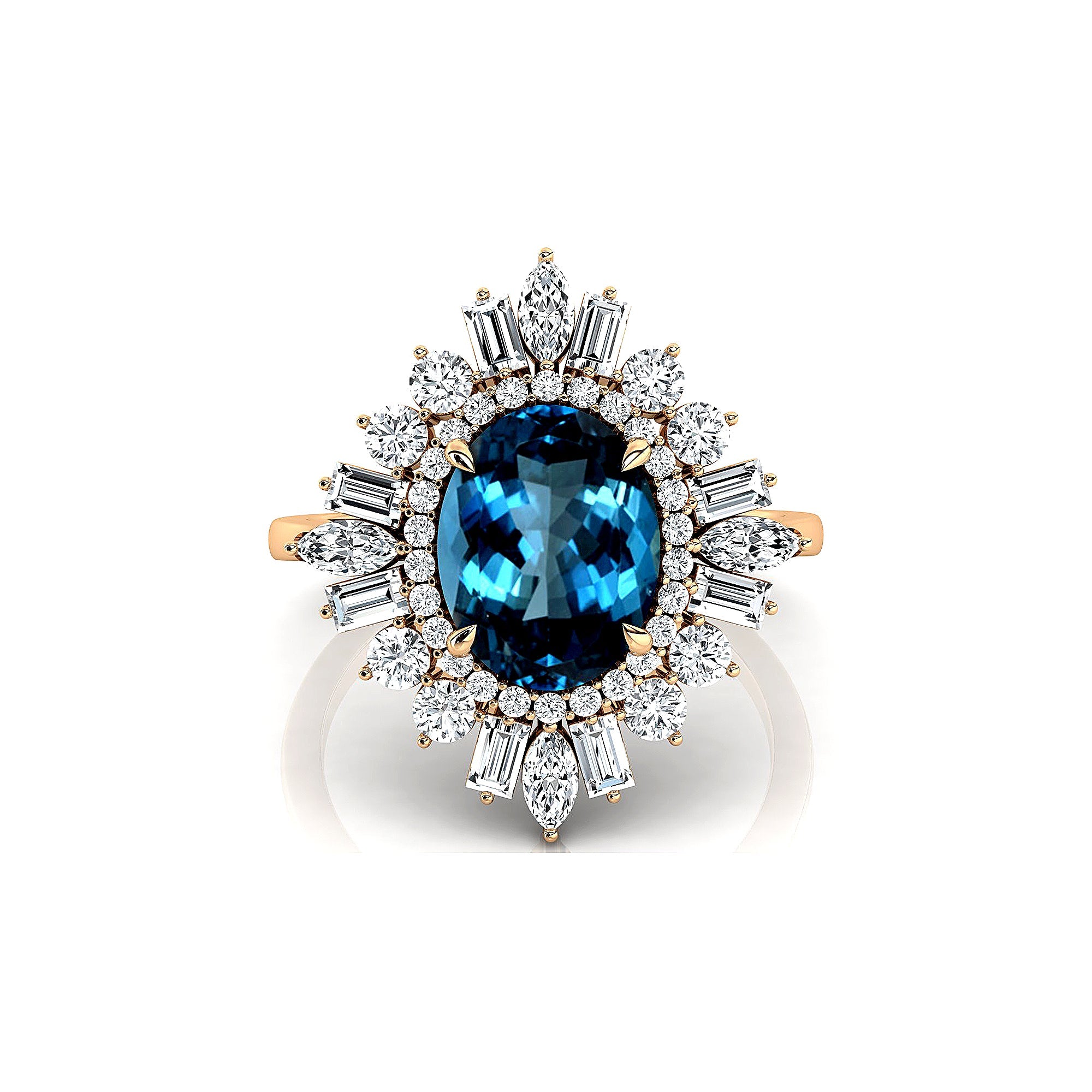 Oval Solitaire London Blue Topaz Baguette and Round Diamond Cocktail Ring - GeumJewels