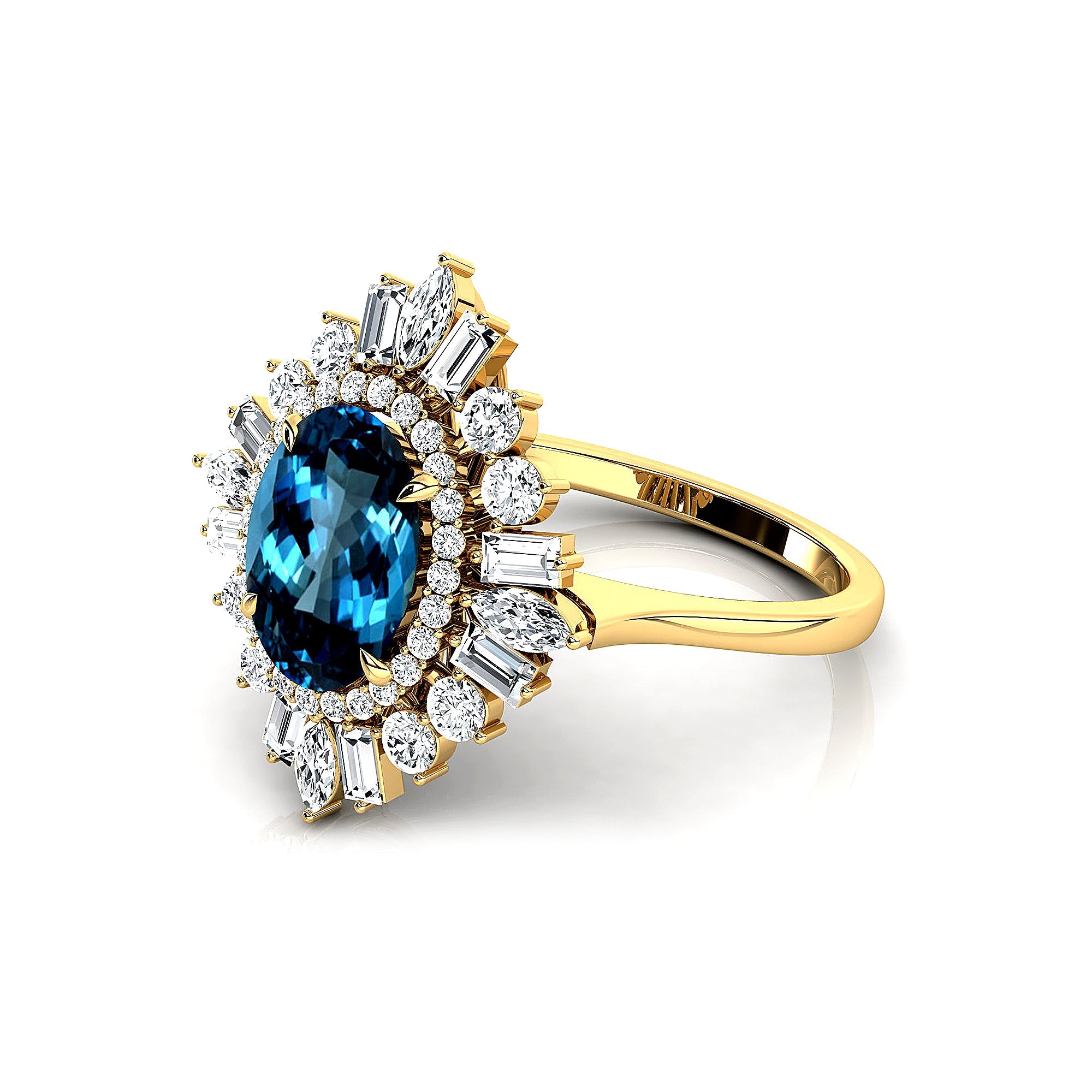 Oval Solitaire London Blue Topaz Baguette and Round Diamond Cocktail Ring - GeumJewels