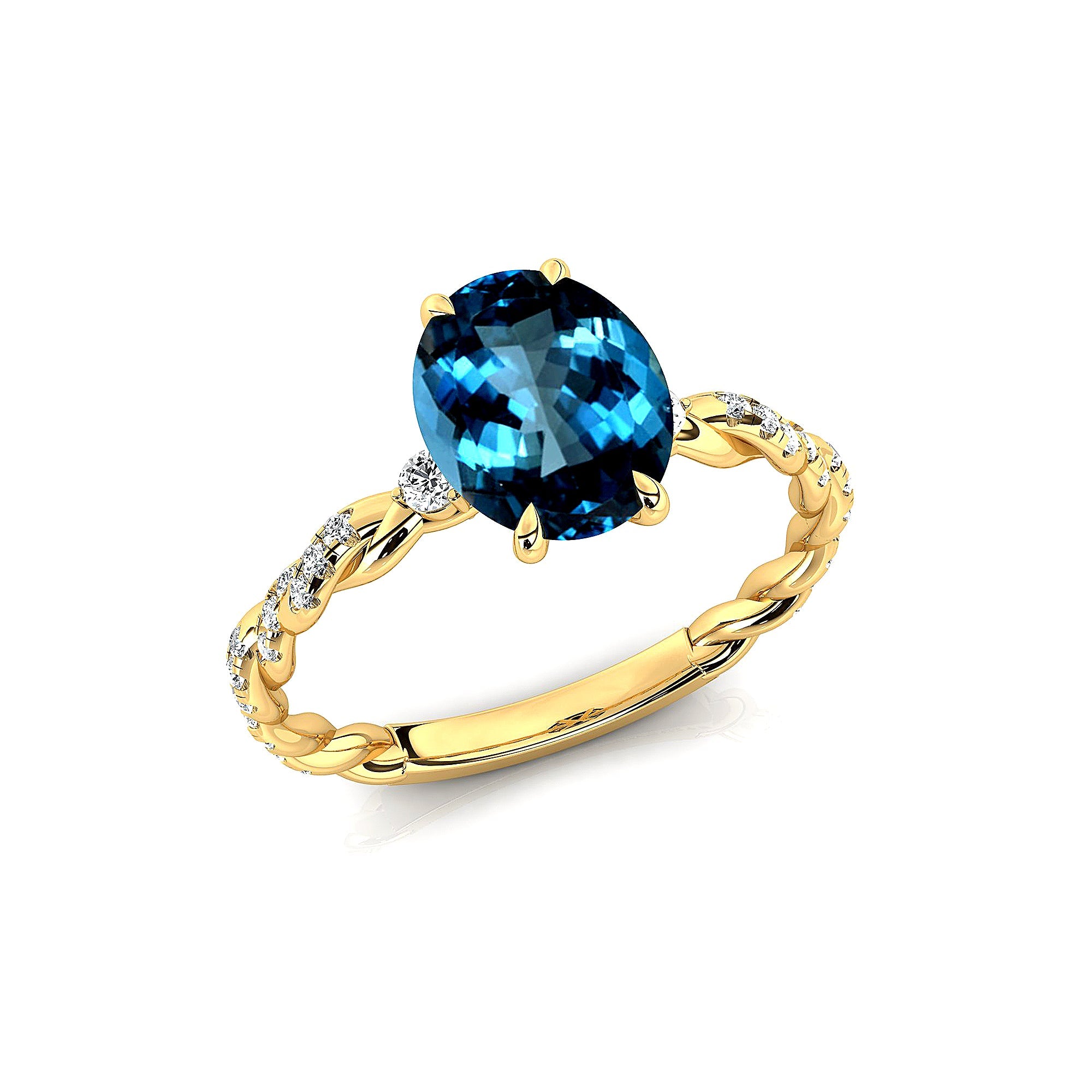 Oval Solitaire London Blue Topaz Ring with Twisted Wire Diamond Band - GeumJewels