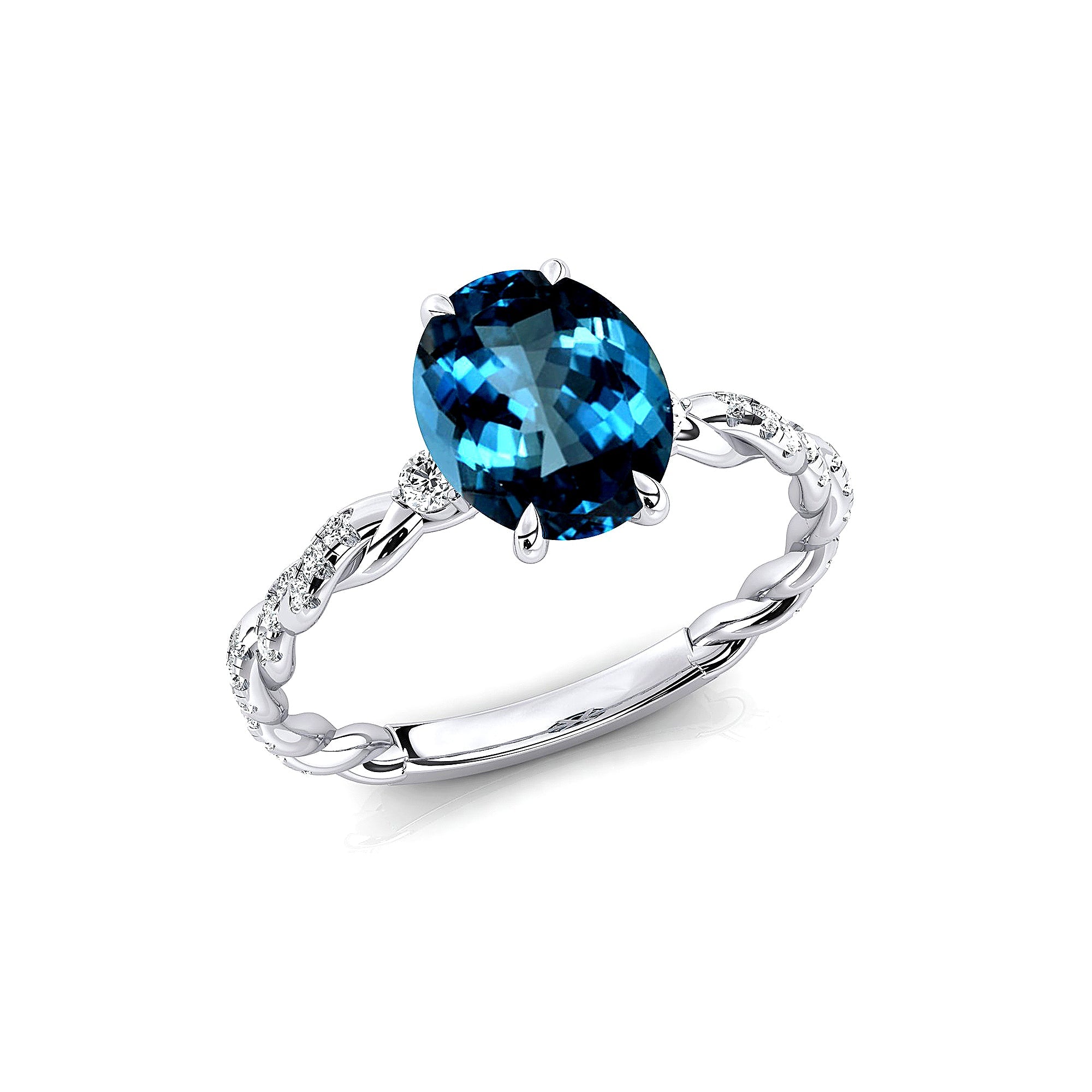 Oval Solitaire London Blue Topaz Ring with Twisted Wire Diamond Band - GeumJewels