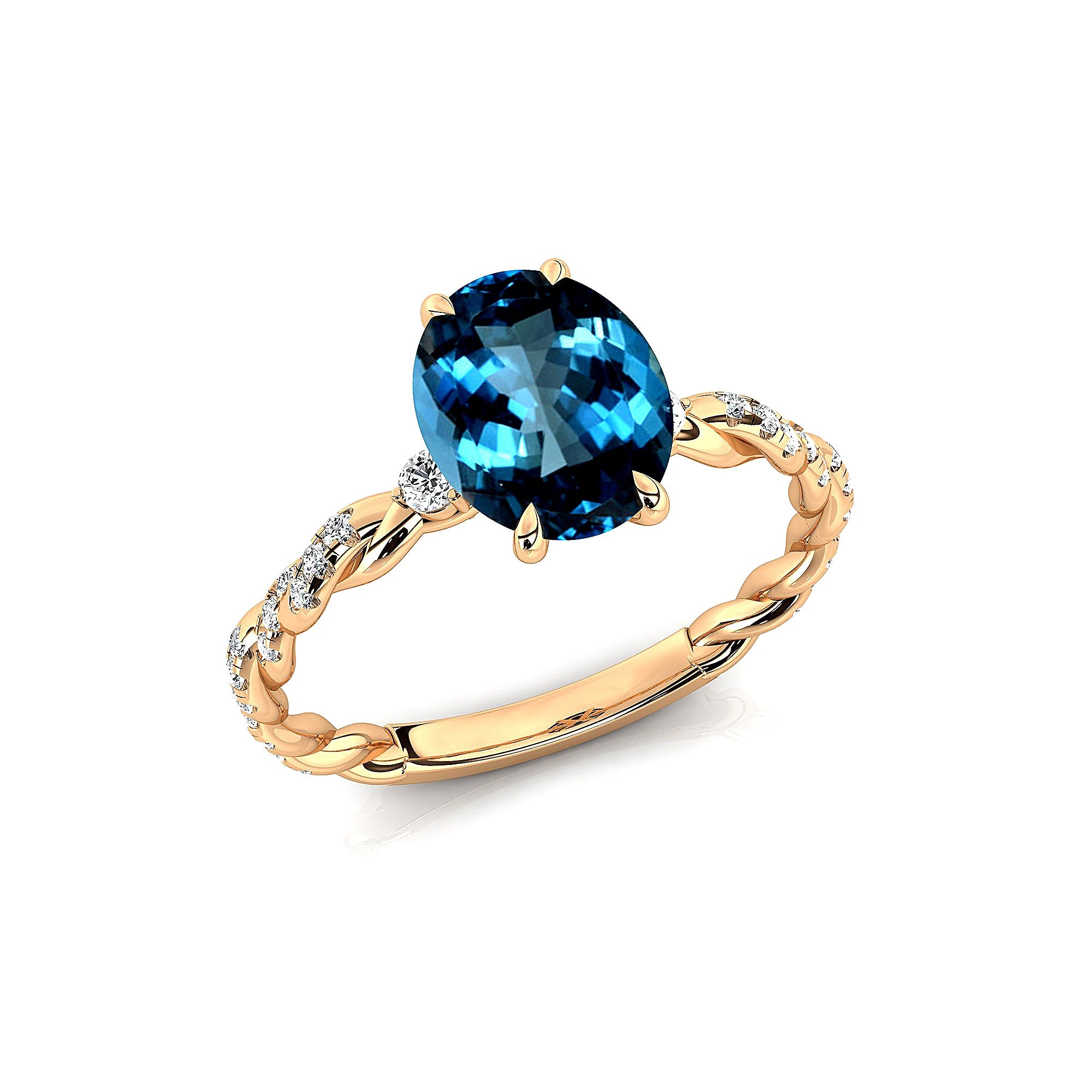 Oval Solitaire London Blue Topaz Ring with Twisted Wire Diamond Band - GeumJewels