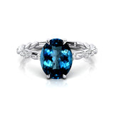 Oval Solitaire London Blue Topaz Ring with Twisted Wire Diamond Band - GeumJewels