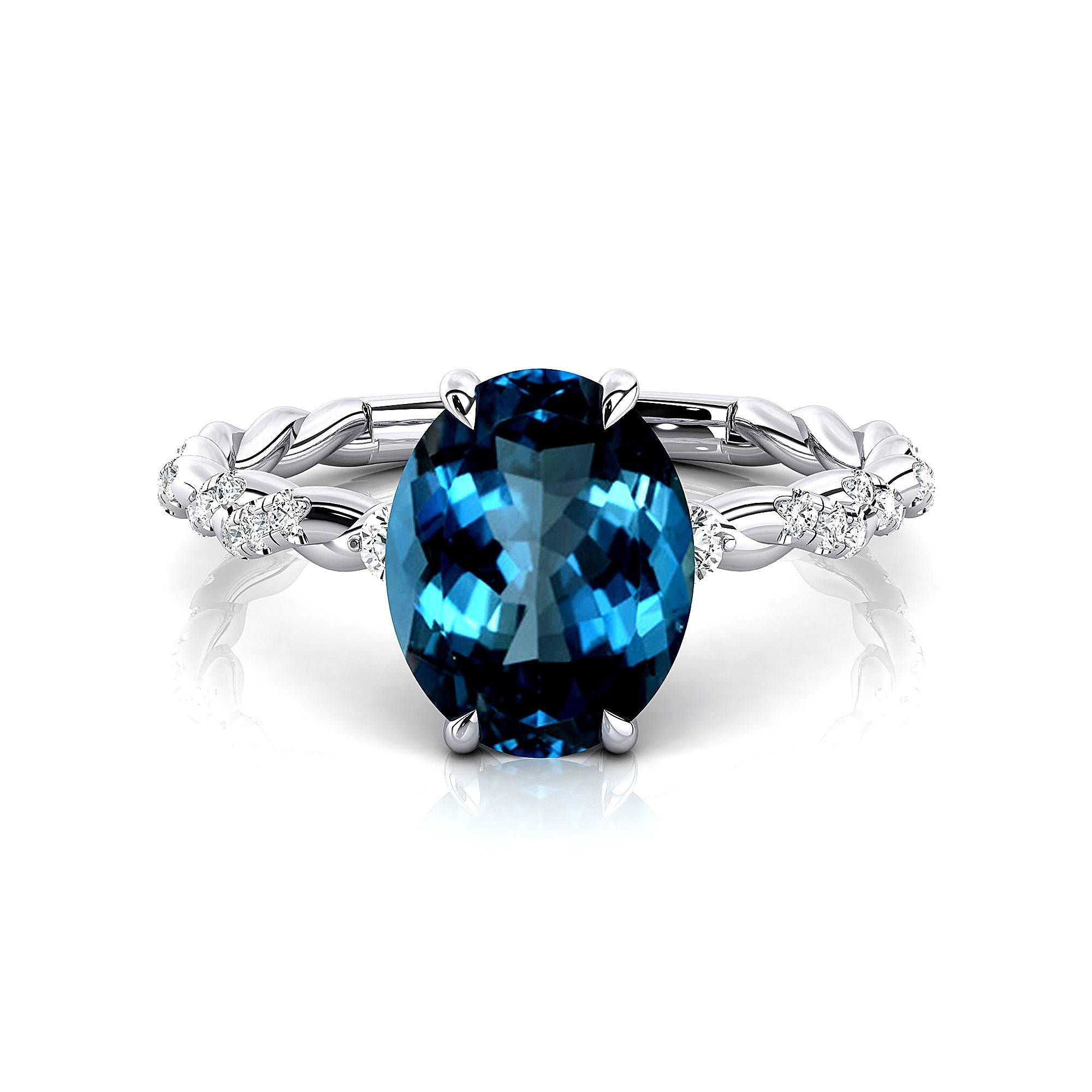 Oval Solitaire London Blue Topaz Ring with Twisted Wire Diamond Band - GeumJewels