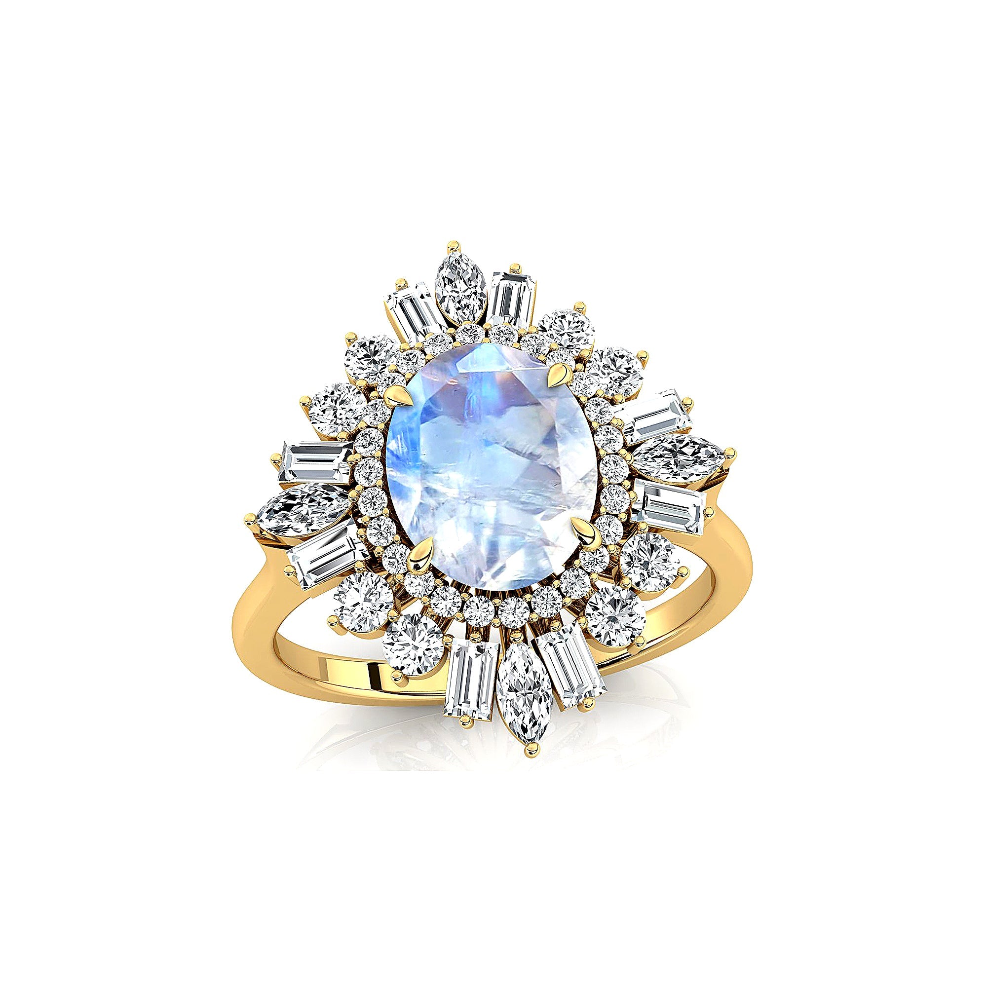 Oval Solitaire Moonstone Baguette and Round Diamond Cocktail Ring - GeumJewels