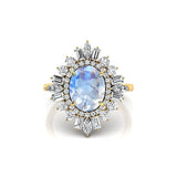 Oval Solitaire Moonstone Baguette and Round Diamond Cocktail Ring - GeumJewels