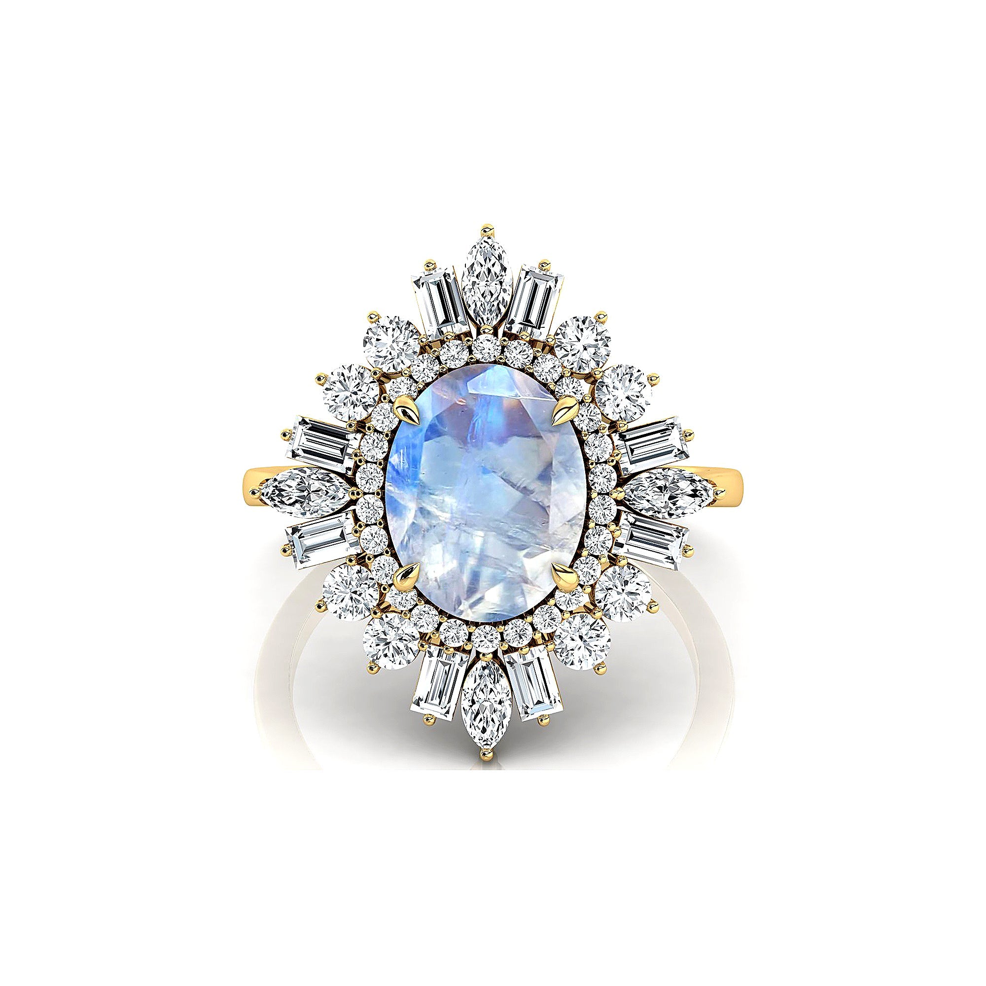 Oval Solitaire Moonstone Baguette and Round Diamond Cocktail Ring - GeumJewels