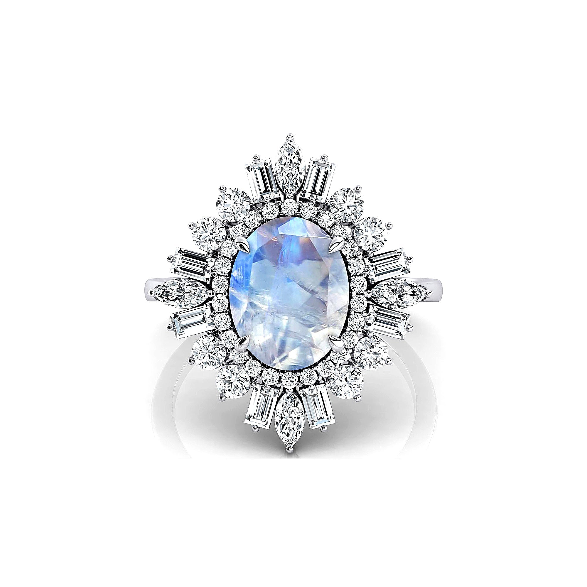 Oval Solitaire Moonstone Baguette and Round Diamond Cocktail Ring - GeumJewels
