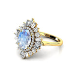 Oval Solitaire Moonstone Baguette and Round Diamond Cocktail Ring - GeumJewels