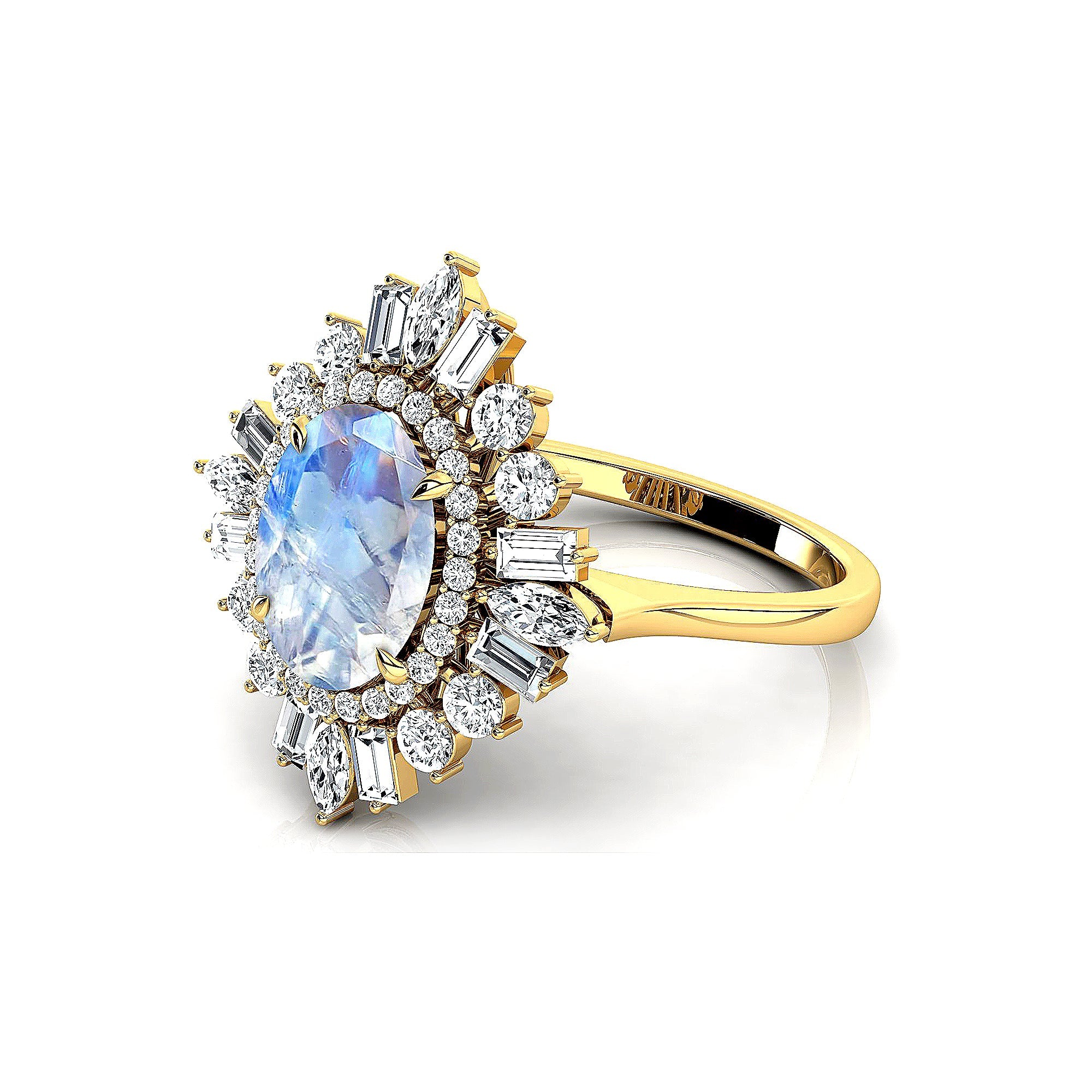 Oval Solitaire Moonstone Baguette and Round Diamond Cocktail Ring - GeumJewels