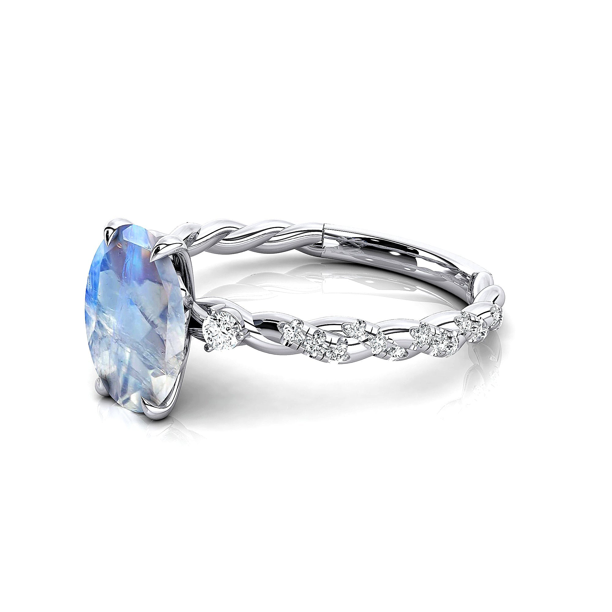 Oval Solitaire Moonstone Ring with Twisted Wire Diamond Band - GeumJewels