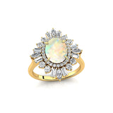 Oval Solitaire Opal Baguette and Round Diamond Cocktail Ring - GeumJewels
