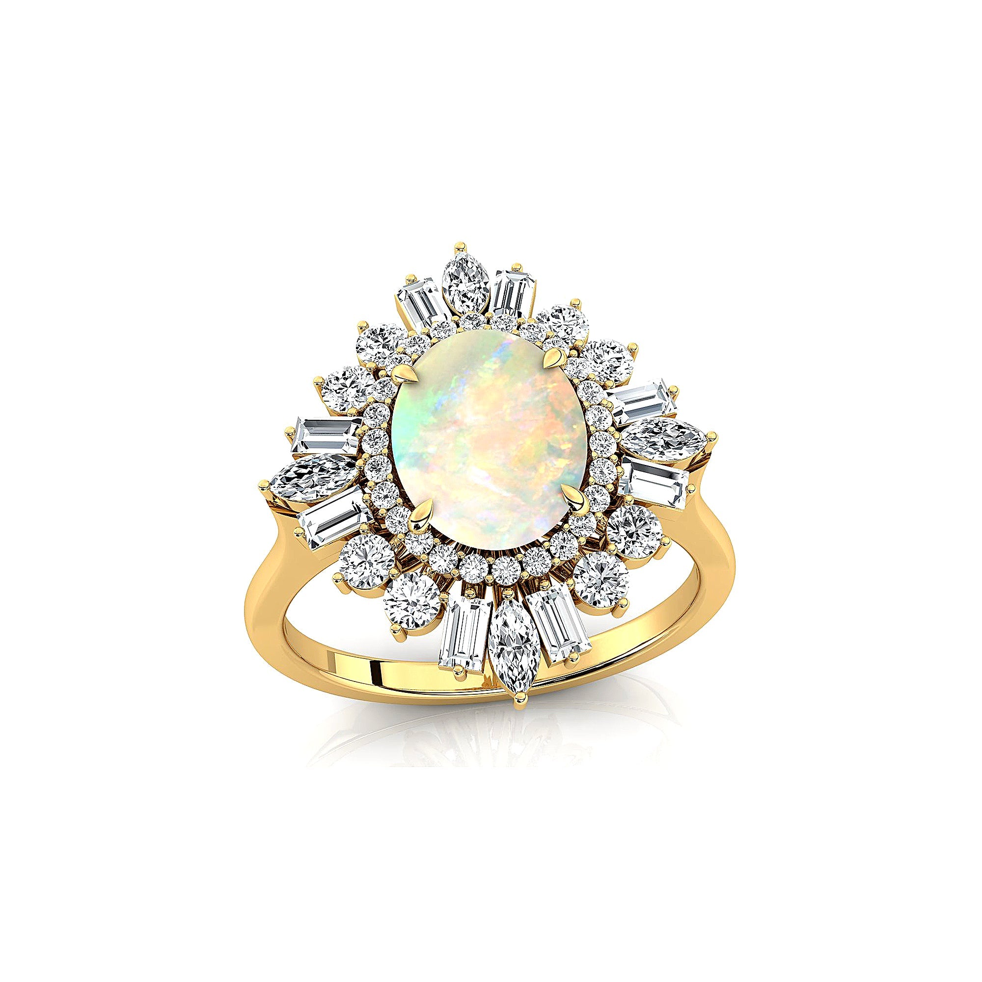 Oval Solitaire Opal Baguette and Round Diamond Cocktail Ring - GeumJewels