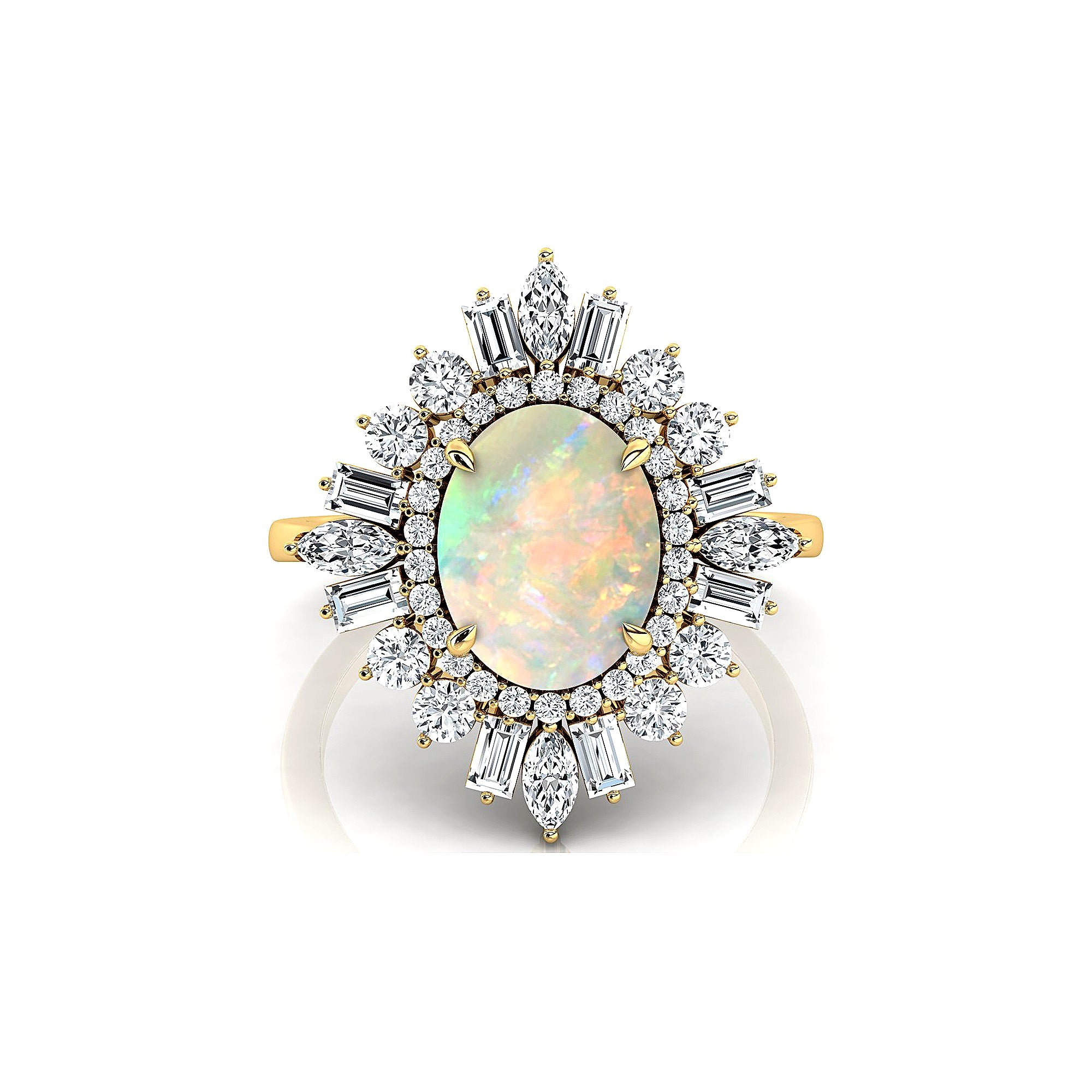 Oval Solitaire Opal Baguette and Round Diamond Cocktail Ring - GeumJewels